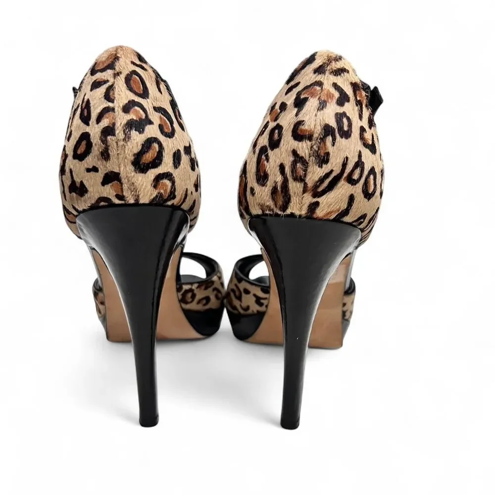 Bebe Leopard Animal Print Platform Ankle Strap Peep Toe Heels  - Sz 9
